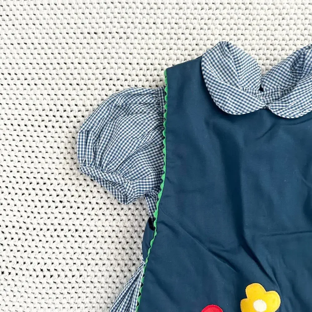 Jayne Copeland Vintage USA Blue Gingham Floral Apron Jumper Toddler Girl Dress 5